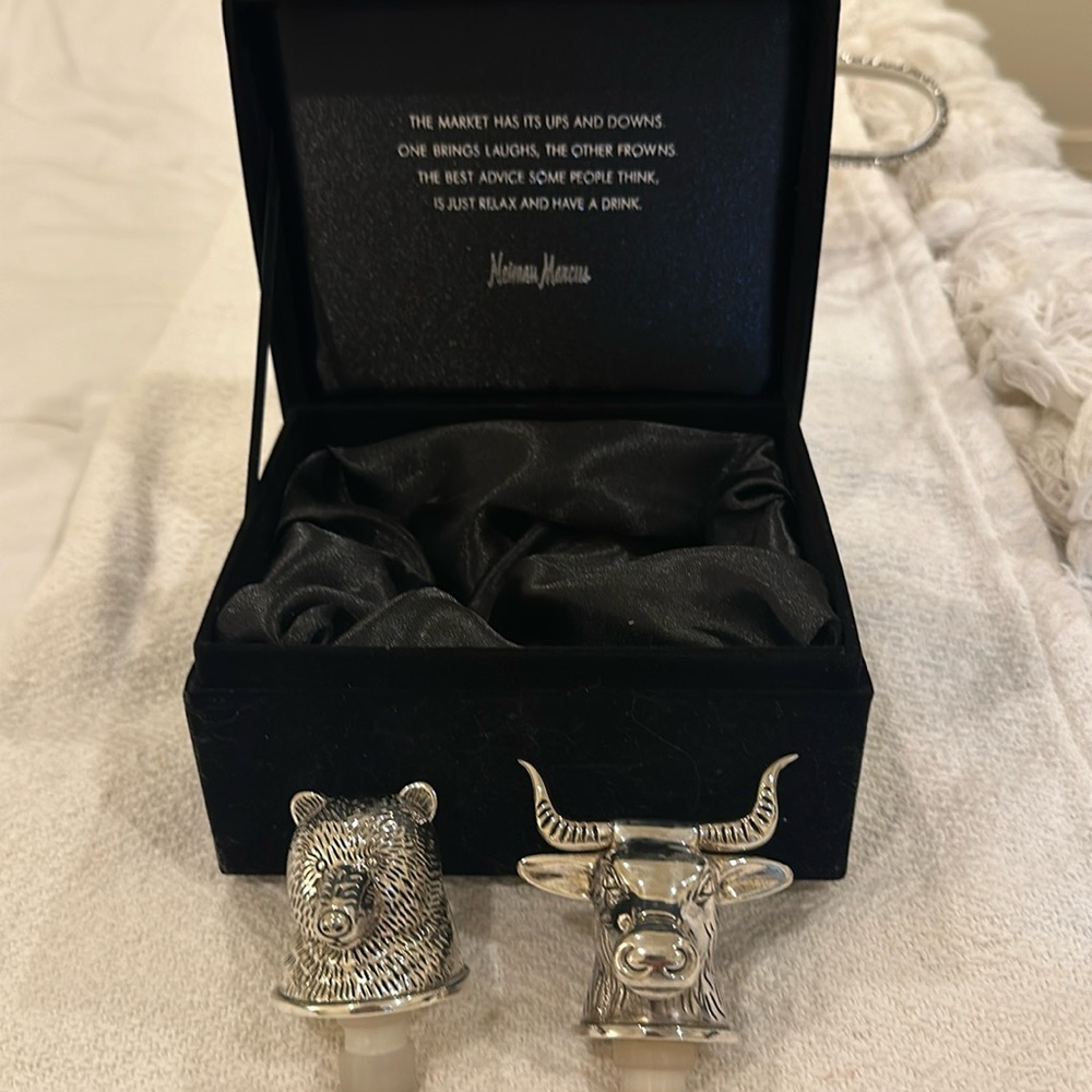 "Bull and Bear" Neiman Marcus Silver-Plated Bottle Stoppers in Black Velvet Box
